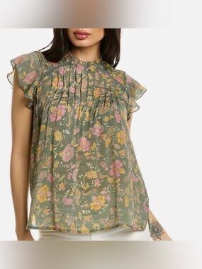 Nanette Lepore Floral Cap Sleeve Flutter Top Size Large